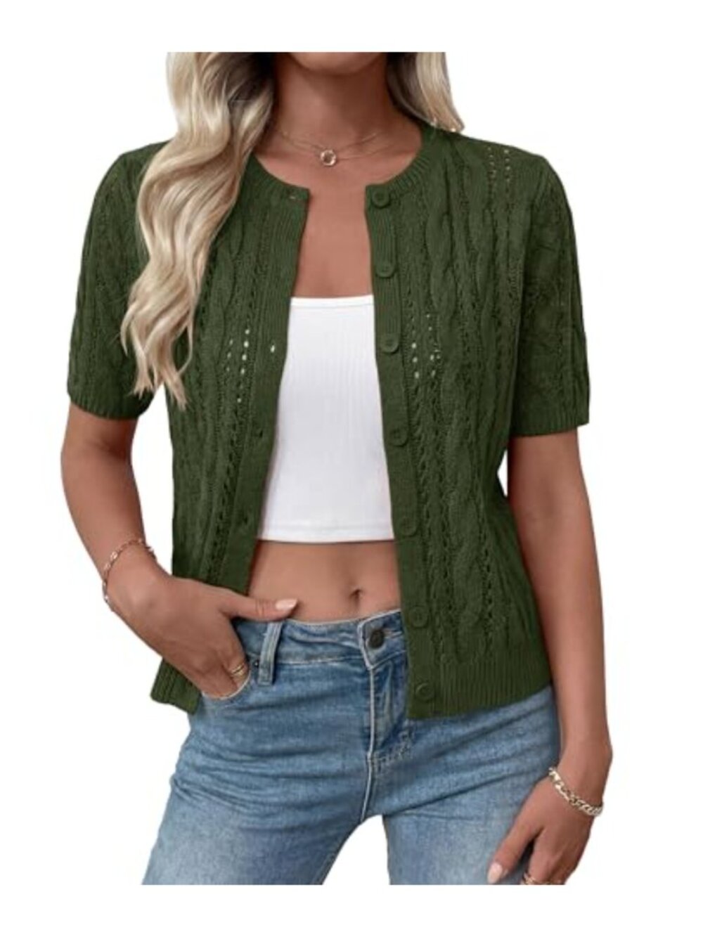 Crochet Button Cardigan Short Sleeve Knit Sweater Vest Hollow Out Shrug